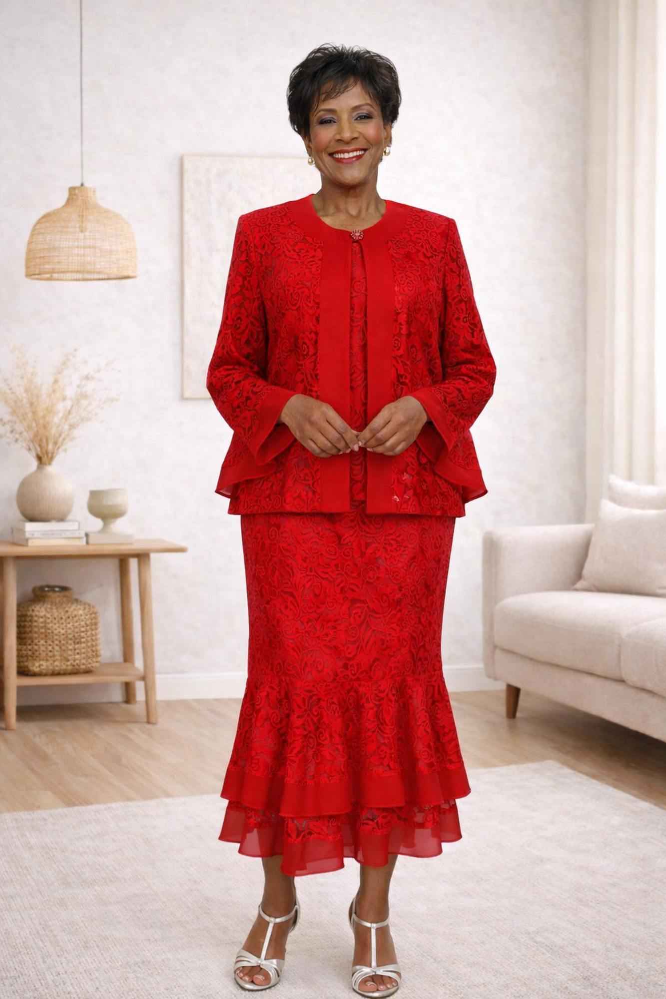CLEARANCE - Hosanna 5514 Plus Size 3 Piece Set Red Dress (Size XL)
