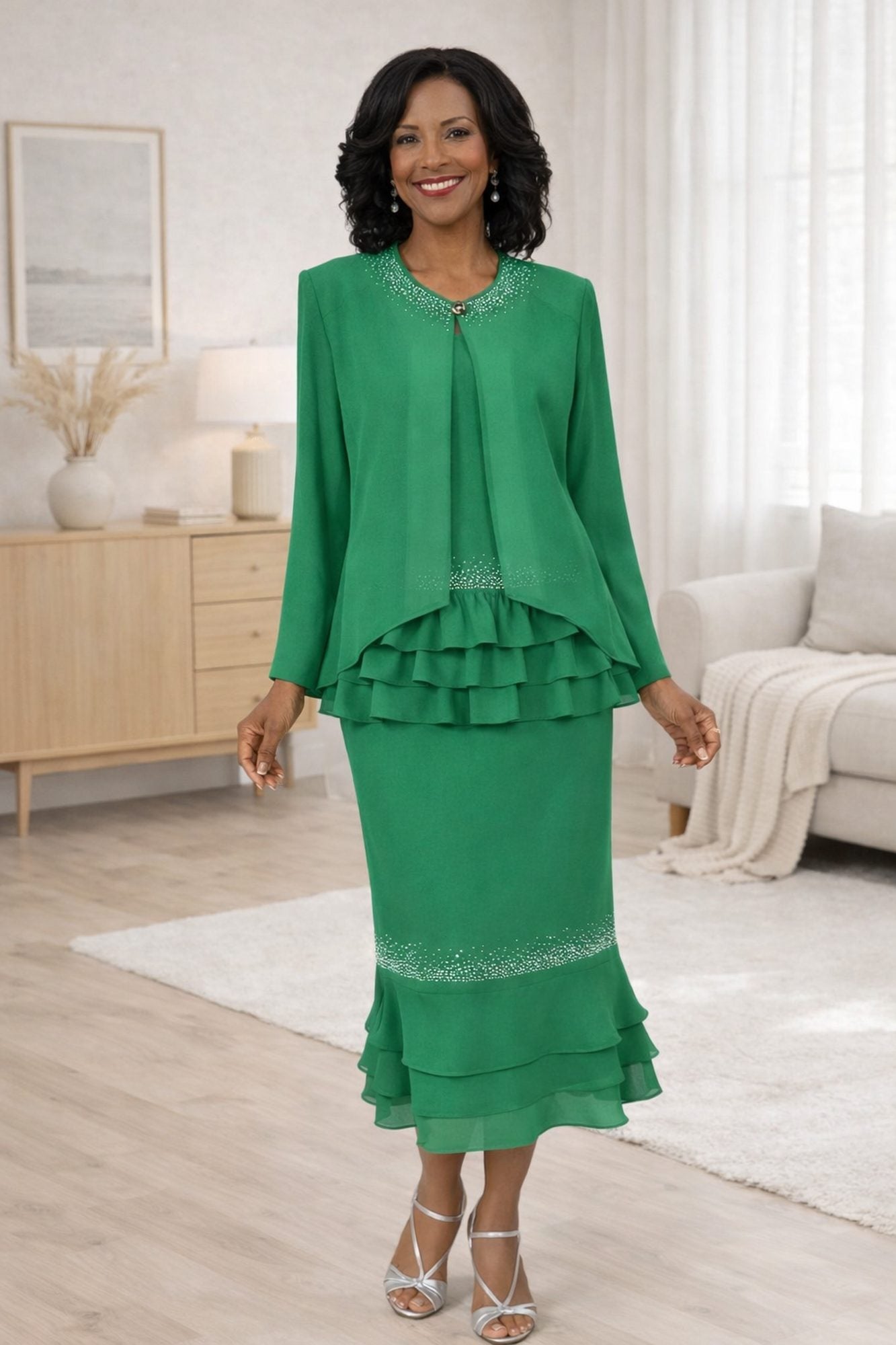 Hosanna 5553 Magenta Tea Length 3 Piece Plus Size Dress Set Ruffled Top Kelly Green / 2XL Hosanna 5553 Magenta Tea Length 3 Piece Plus Size Dress Set Ruffled Top Kelly Green / 2XL