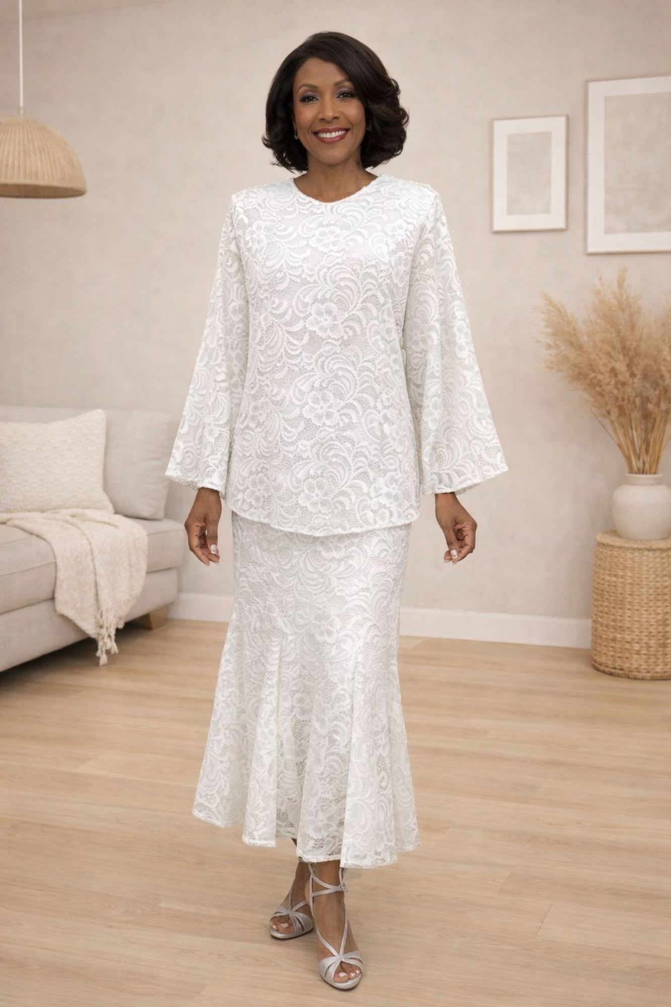 Hosanna 5609 Modest 3-Piece Lace Outfit Set Ankle Length White / M Hosanna 5609 Modest 3-Piece Lace Outfit Set Ankle Length White / M