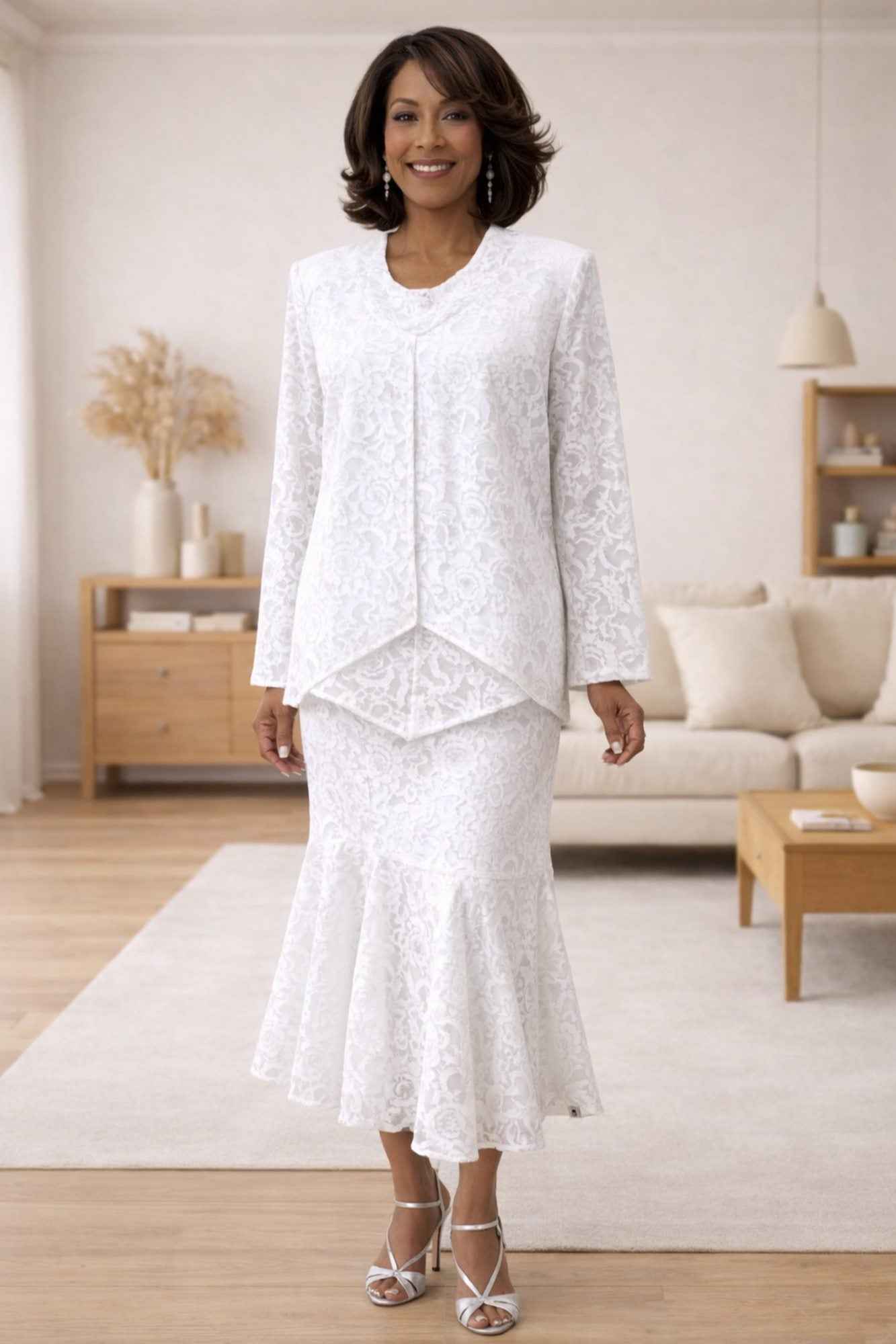 CLEARANCE - Hosanna 5611 Modest 3-Piece Set White Glitter Lace Dress (Size XL)