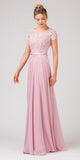 Lace Bodice A-Line Long Formal Dress Short Sleeves Dusty Pink