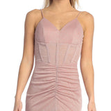 Celavie 6593-L Long Fitted Corset Bodice Ruched Leg Slit Glitter Gown