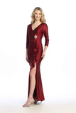 Celavie 6704-L Long Satin Formal Dress with Ruffle Slit & Jeweled Waist