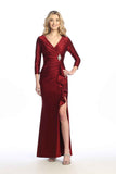 Celavie 6704-L Long Satin Formal Dress with Ruffle Slit & Jeweled Waist