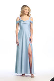 Celavie 6708-L Long Stretch Satin Off-the-Shoulder Formal Dress with Slit