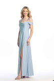 Celavie 6708-L Long Stretch Satin Off-the-Shoulder Formal Dress with Slit