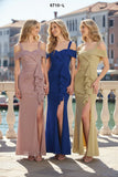 Celavie 6710-L Glitter Off-the-Shoulder Formal Dress with Ruffle Slit