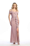 Celavie 6710-L Glitter Off-the-Shoulder Formal Dress with Ruffle Slit