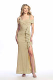 Celavie 6710-L Glitter Off-the-Shoulder Formal Dress with Ruffle Slit