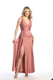 Celavie 6711-L Long Stretch Satin V-Neck Formal Dress with Ruched Waist & Slit