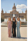 Celavie 6739-L Glitter Metallic V-Neck Formal Dress with Draped Ruffle & Slit