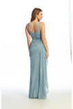 Celavie 6739-L Glitter Metallic V-Neck Formal Dress with Draped Ruffle & Slit