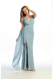 Celavie 6739-L Glitter Metallic V-Neck Formal Dress with Draped Ruffle & Slit