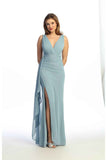 Celavie 6739-L Glitter Metallic V-Neck Formal Dress with Draped Ruffle & Slit