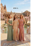 Celavie 6741-L Long Halter Satin Formal Dress with Ruched Bodice & Slit