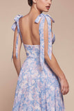 Ladivine 7442 Dress Tie Strap A-Line Floral Printed Skirt - BLUE