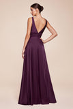 Ladivine 7469 Long Satin Bridesmaid Dress A-Line V-Neckline - EGGPLANT