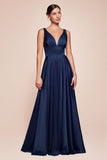 Cinderella Divine 7469 Floor Length Satin Formal V-Neckline Dress - NAVY BLUE
