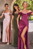Cinderella Divine 7492 Satin Off the Shoulder Corset Satin Gown