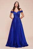 Ladivine 7493 Long A-Line Off the Shoulder Satin Dress - ROYAL