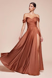 Ladivine 7493 Long A-Line Off the Shoulder Satin Dress - SIENNA