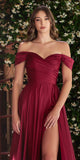 Ladivine 7493 Long A-Line Off the Shoulder Satin Dress