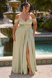 Cinderella Divine 7493C Long Plus Size A-Line Off the Shoulder Satin Dress