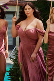 CLEARANCE- Cinderella Divine 7493C Long A-Line Off the Shoulder Burgundy Dress (Size 20)