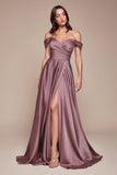 Ladivine 7493 Long A-Line Off the Shoulder Satin Dress