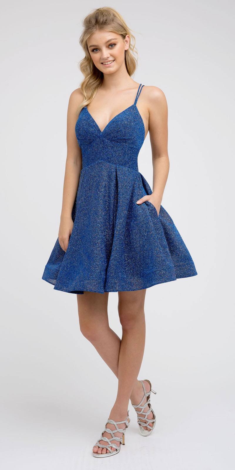 V-Neck Navy Blue Homecoming Short Dress with Pockets