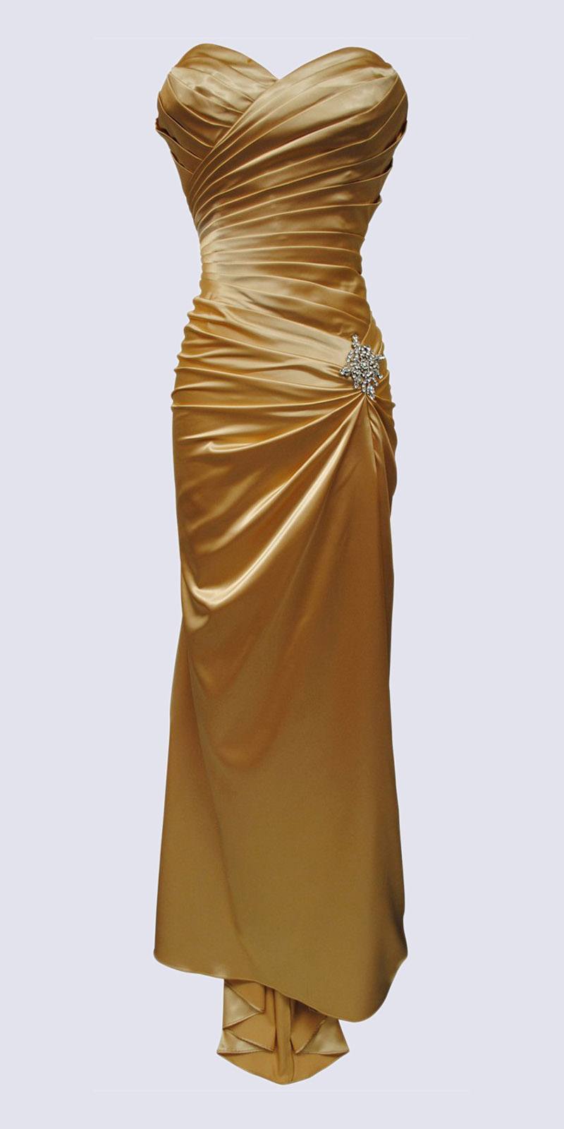 Gold Satin Prom Dress Pleated Bodice Strapless Sweetheart Neck