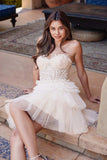 Juliet JT918S Dress Strapless Cocktail Leaf Lace Corset Bodice Ruffle Skirt