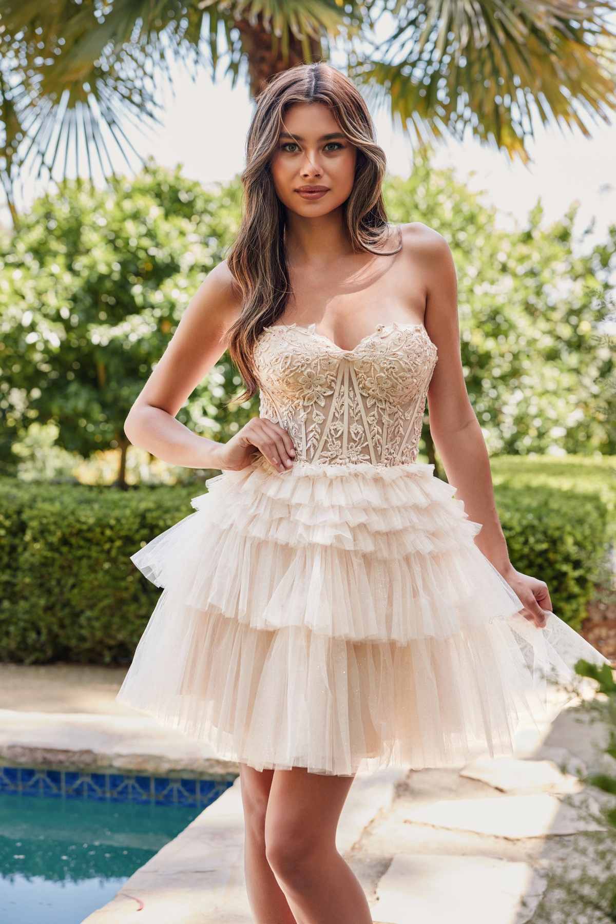 Juliet JT918S Dress Strapless Cocktail Leaf Lace Corset Bodice Ruffle Skirt