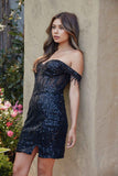 Juliet JT919L Dress Fitted Off Shoulder Sequin Sweetheart Bodice