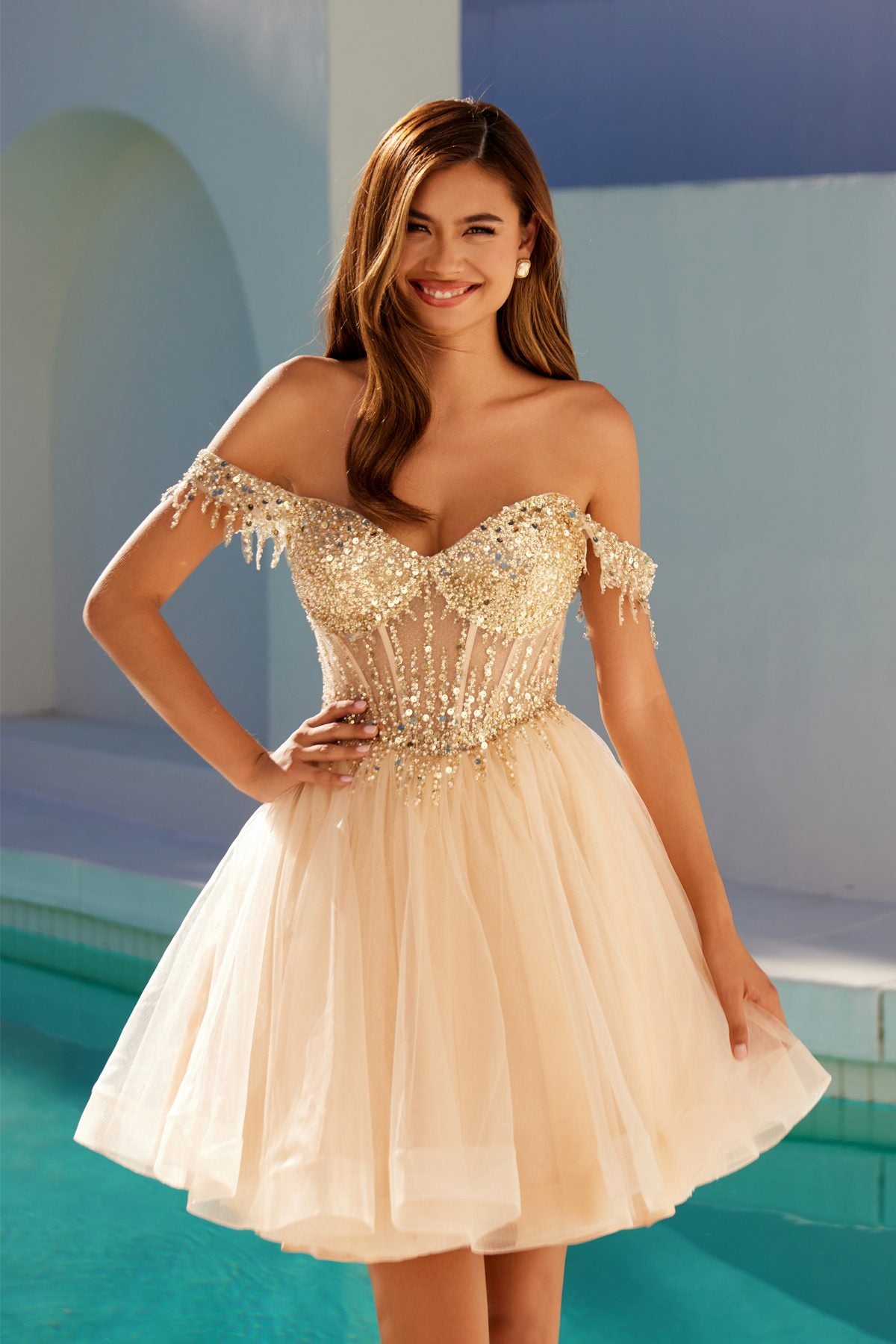 Juliet JT947L Short Off the Shoulder Homecoming A-Line Dress