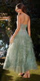 Andrea & Leo A1226 Tea Length Feather Skirt Strapless Beaded Gown