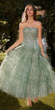 Andrea & Leo A1226 Tea Length Feather Skirt Strapless Beaded Gown