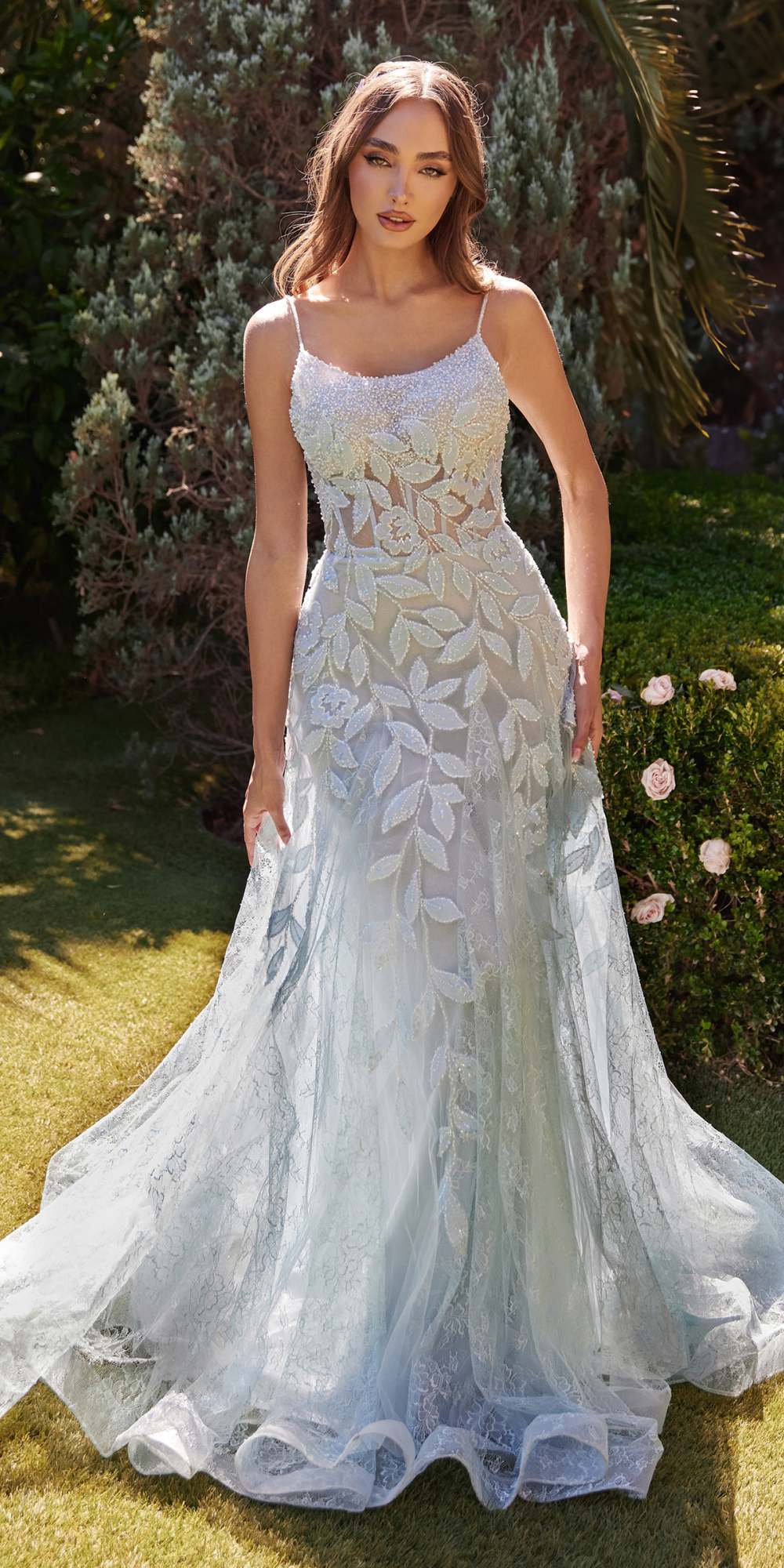 Andrea & Leo A1235 Long Floral Motif Beaded A-Line Dress