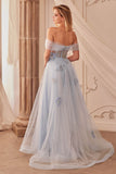 Andrea & Leo A1246 Long Off the Shoulder Floral Applique Tulle Ball Gown - Dusty Blue