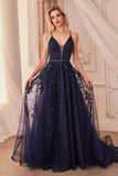Andrea & Leo A1251 Long V-Neckline Lace Applique A-Line Ball Gown - Navy Blue