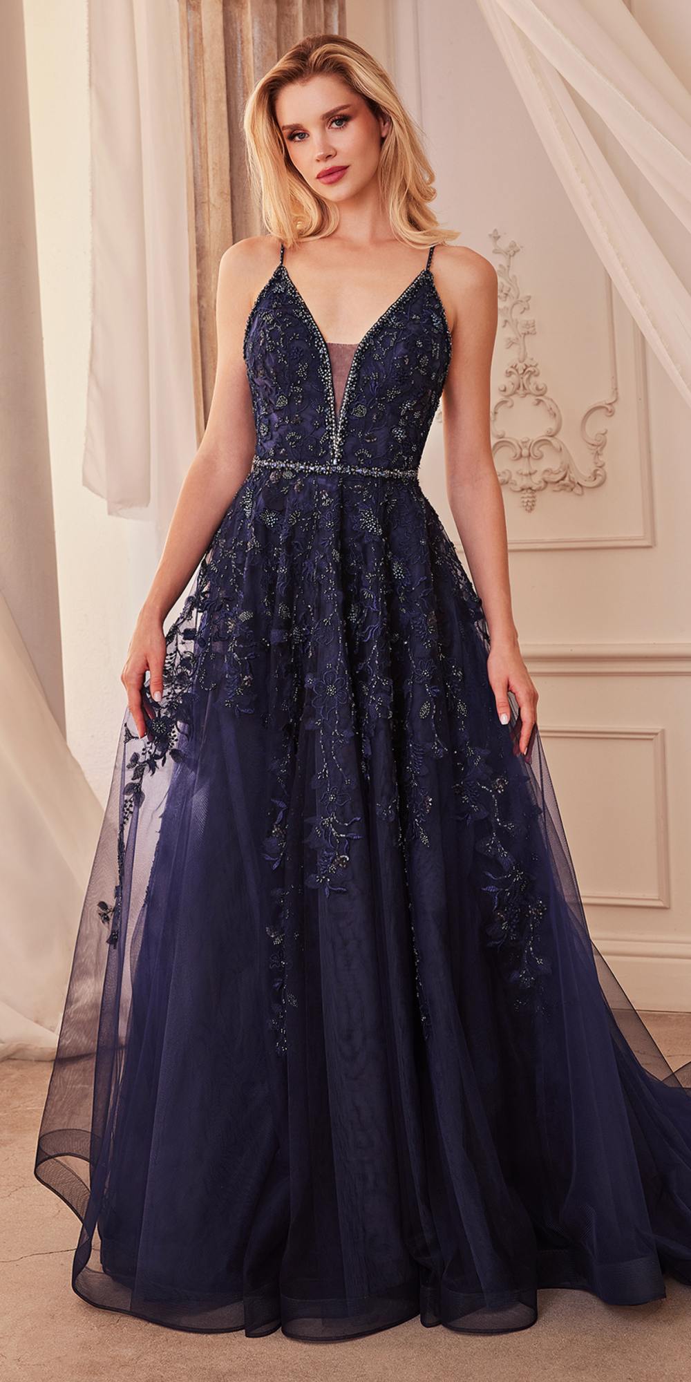Andrea & Leo A1251 Long V-Neckline Lace Applique A-Line Ball Gown - Navy Blue
