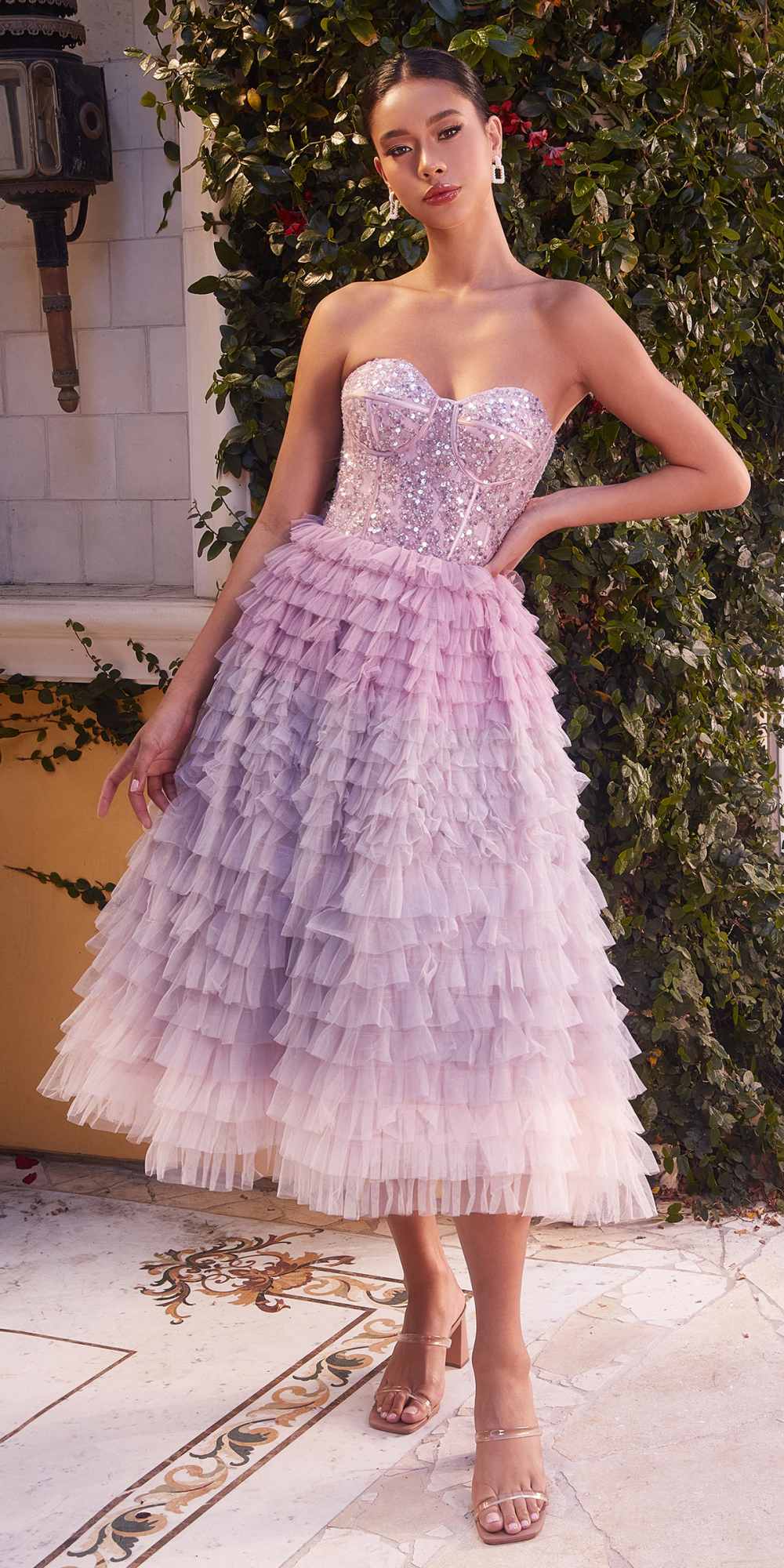 Andrea & Leo A1309 Strapless Layered Ruffled Tulle A-Line Tea Length Dress