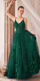Andrea & Leo A1326 Long Tulle A-Line Floral Applique Gown - Emerald