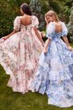 Andrea & Leo A1336 Long Floral Print Puff Sleeve A-line Gown