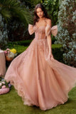 Andrea & Leo A1338 Long Strapless Beaded Gown with Bow Arm Bands - Rose Gold