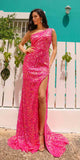 Nox Anabel A1377 Long One Shoulder Fitted Slit Sequin Gown