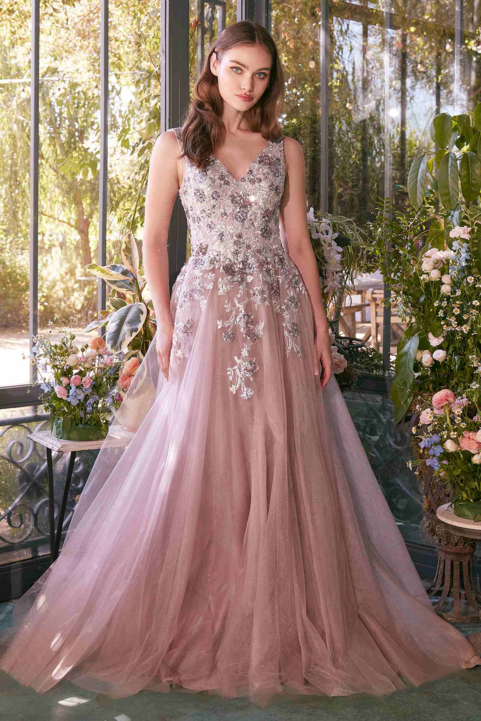 Andrea & Leo A1401 Dress Sequin Bouquet V-Neck Gown