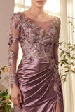 Andrea & Leo A1403 Long Sleeve Side Sash Satin Formal Gown