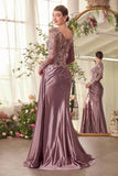 Andrea & Leo A1403 Long Sleeve Side Sash Satin Formal Gown