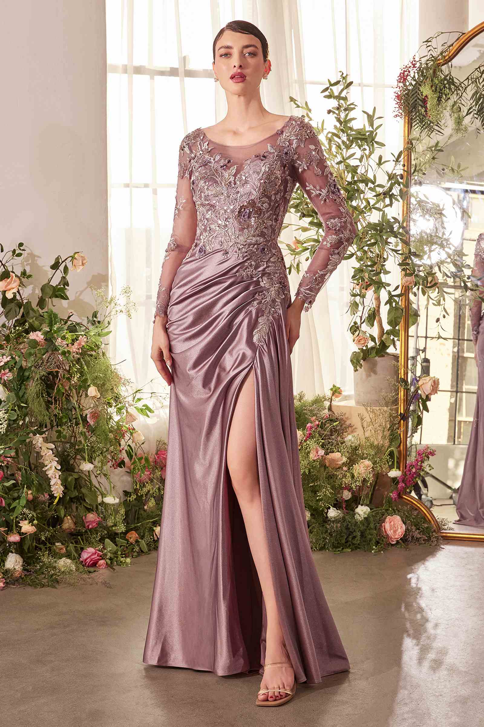 Andrea & Leo A1403 Long Sleeve Side Sash Satin Formal Gown